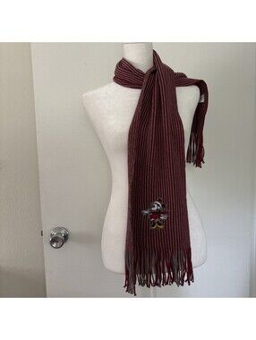 Disney Store Minnie Mouse Patch Striped Red Gray Ribbed Knit Fringe Scarf 58x10”